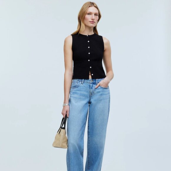 Madewell Split-Crewneck Cardigan Tank in True Black Textured Cotton-Blend Ribbed - Picture 1 of 12